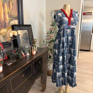 kalimera from Greece: cotton summer dress w/ white cranes and red fringe trim